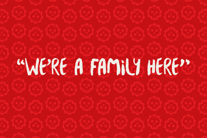 Text: We are family here