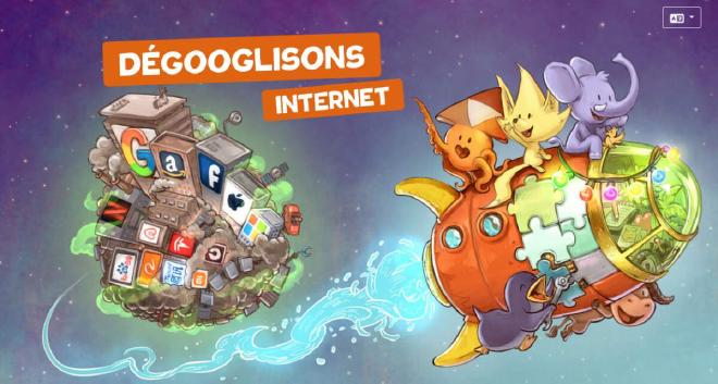 Fediverse mascottes cheerfully fly away on a rocket towards the future, under the heading &lsquo;gegoogle the internet&rsquo;.