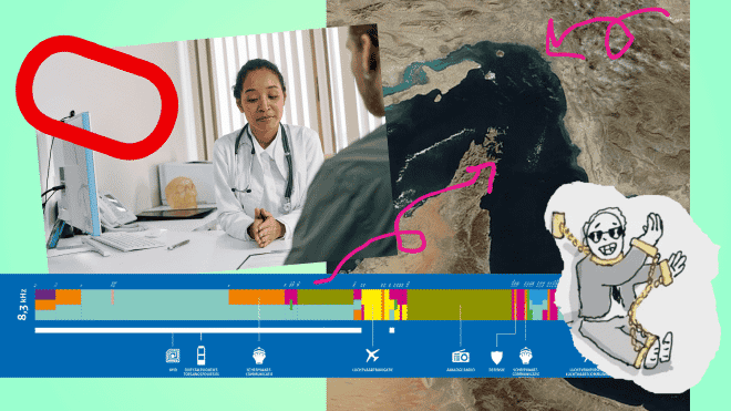 Collage met een Oracle-logo, een gesprek tussen arts en patiënt, radiofrequenties, de Straat van Hormuz en husselcultuur'.