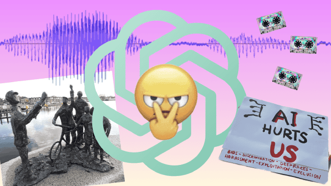 Collage met het standbeeld 'Staakt! Staakt! Staakt!' van Truus Menger, een chagrijnig ChatGPT-logo, zwevende cassettebandjes en een bord met de tekst 'AI schaadt ons'.