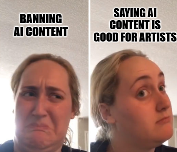 Kombucha-vrouw meme met de bijschriften: ‘AI inhoud verbieden’ en ‘Zeggen dat AI inhoud goed is voor artiesten.