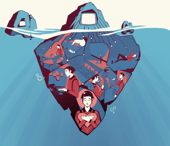 Sideway view on floating icebergs. Above water, there's screens embedded in the ice. Under water, one of the icebergs contains scenes of workers helping and supporting one another.